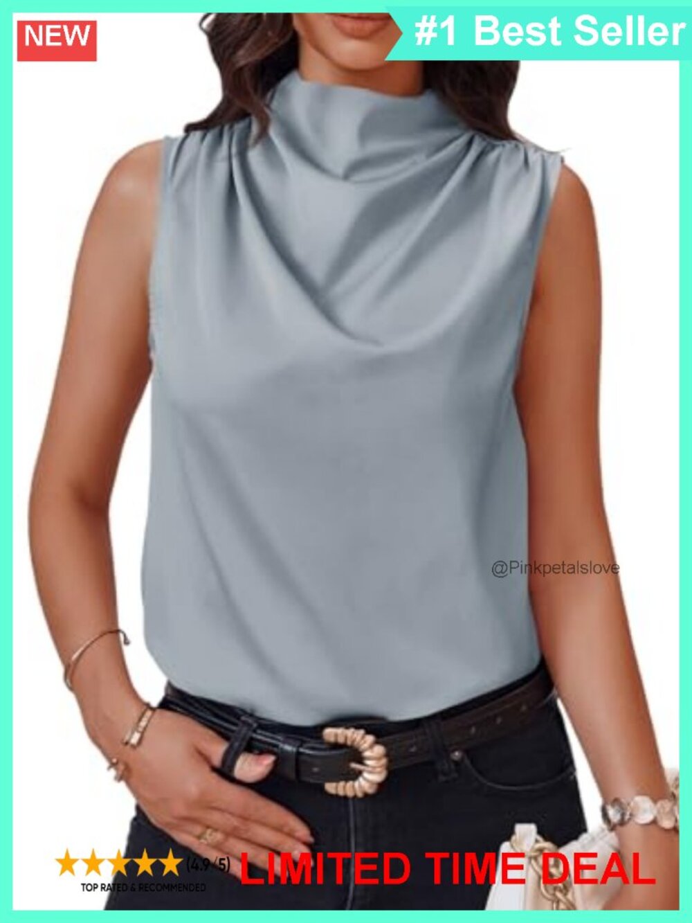 Satin Mock Neck Ruched Tank Top Sleeveless Business Casual Blouse